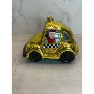 Vtg New York City Taxi Can With Santa Driving Blown Glass Ornament